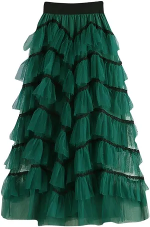 Womens Lolita Cake Skirts Layered Tulle Midi Skirt Elastic Waist Solid Color Mesh Prom Party Skirt