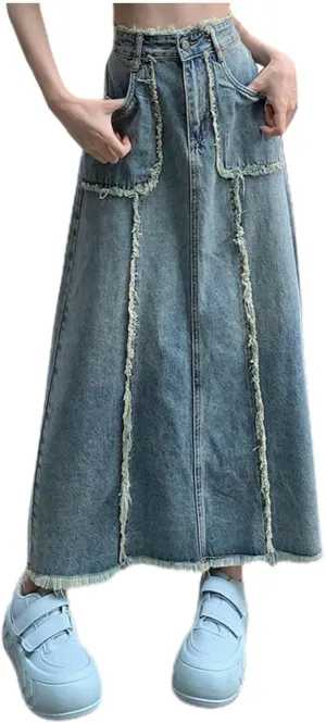 Womens Long Denim Skirt Retro A-Line Stretch Jean Skirt for Women High Waisted Casual Denim Maxi Skirt with Pockets