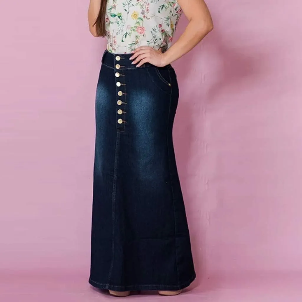 Womens Long Denim Skirt Retro A-Line Stretch Jean Skirt for Women High Waisted Casual Denim Maxi Skirt with Pockets
