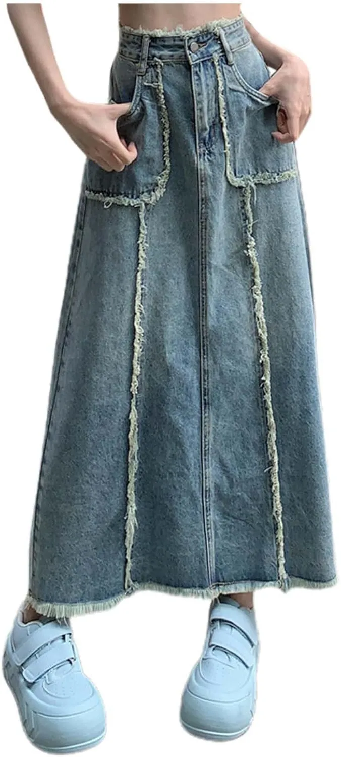 Womens Long Denim Skirt Retro A-Line Stretch Jean Skirt for Women High Waisted Casual Denim Maxi Skirt with Pockets