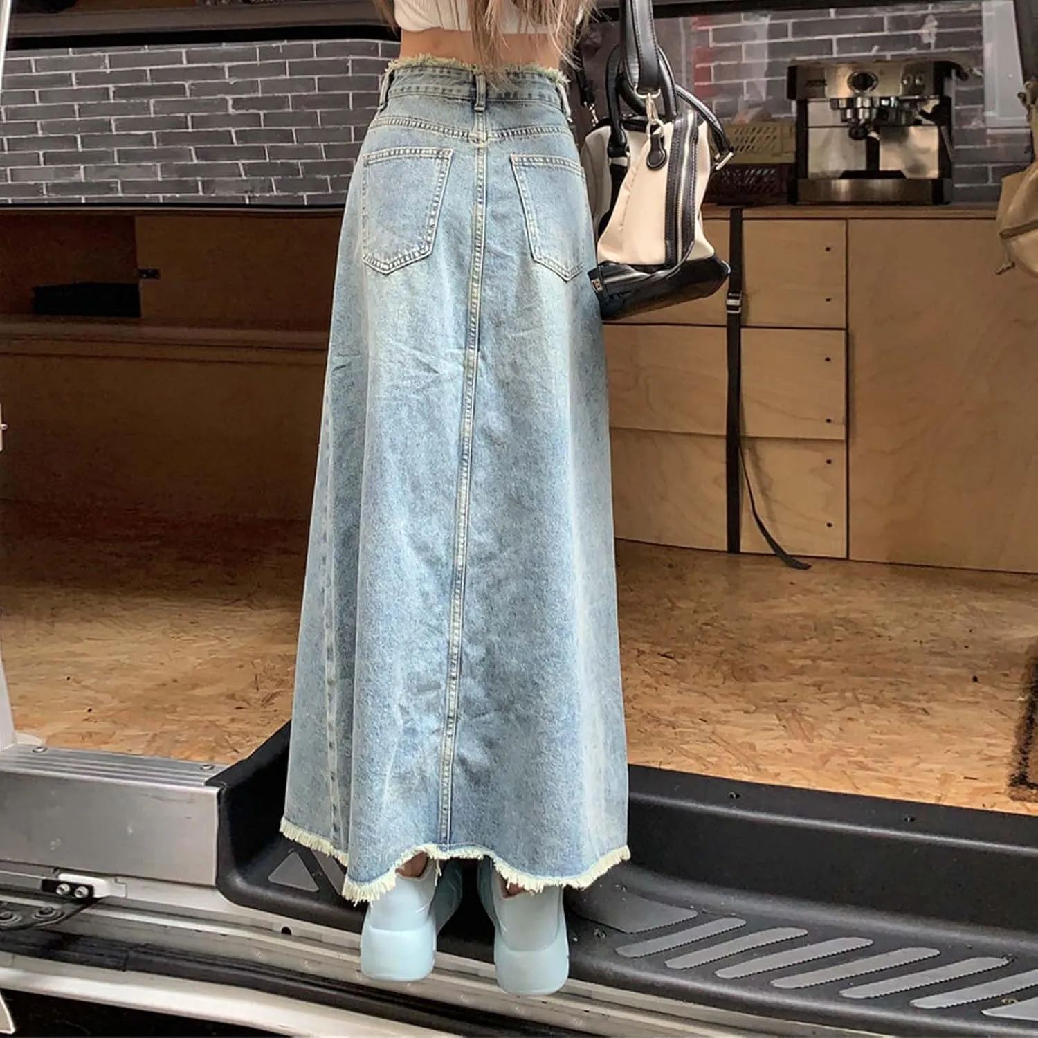 Womens Long Denim Skirt Retro A-Line Stretch Jean Skirt for Women High Waisted Casual Denim Maxi Skirt with Pockets
