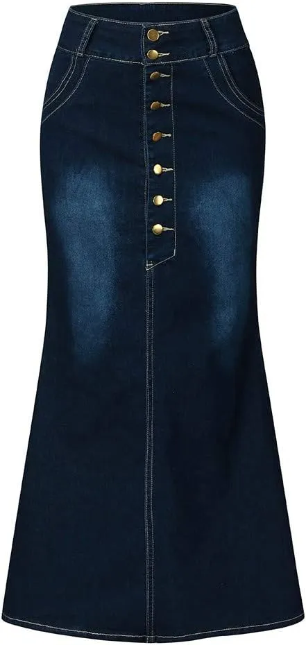 Womens Long Denim Skirt Retro A-Line Stretch Jean Skirt for Women High Waisted Casual Denim Maxi Skirt with Pockets
