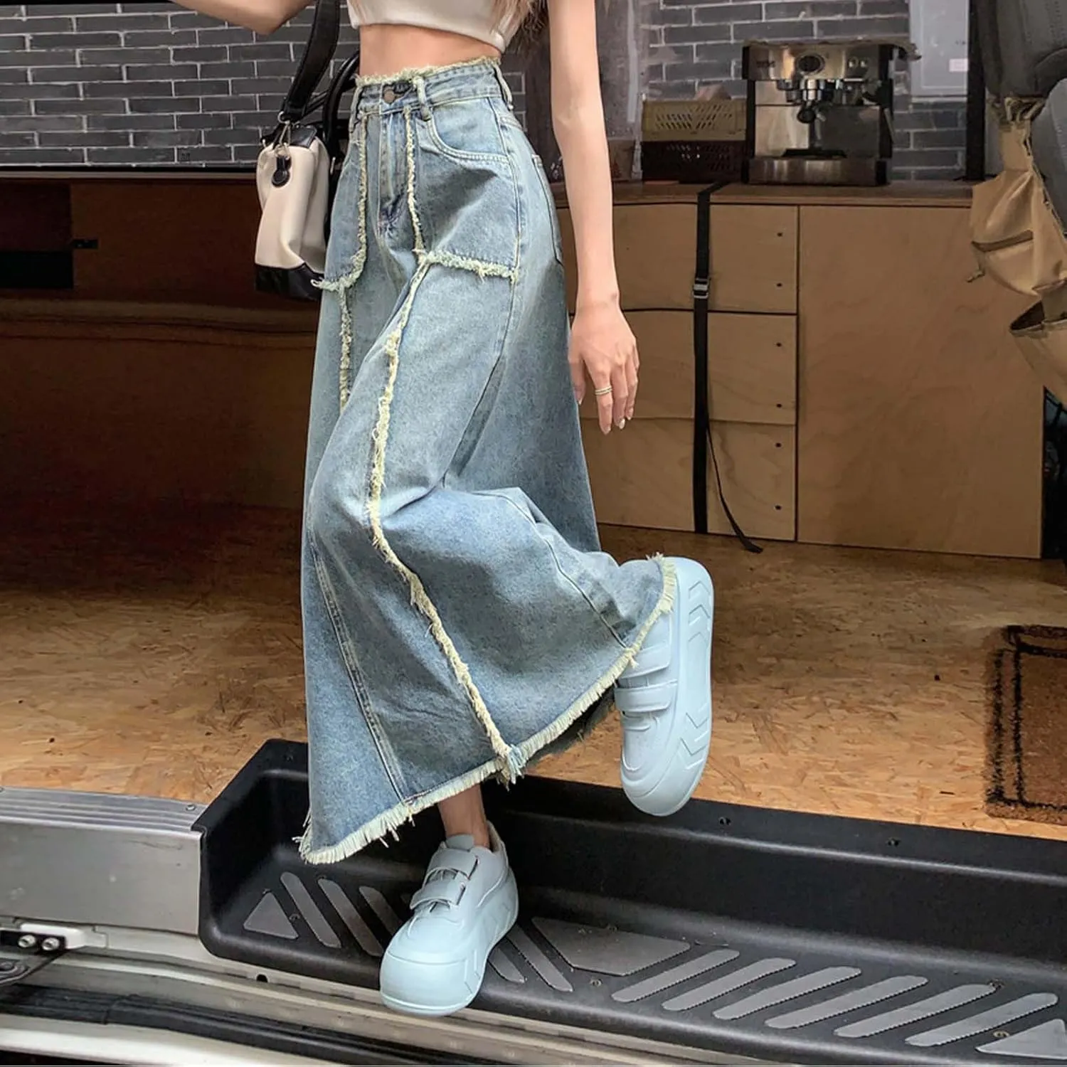 Womens Long Denim Skirt Retro A-Line Stretch Jean Skirt for Women High Waisted Casual Denim Maxi Skirt with Pockets