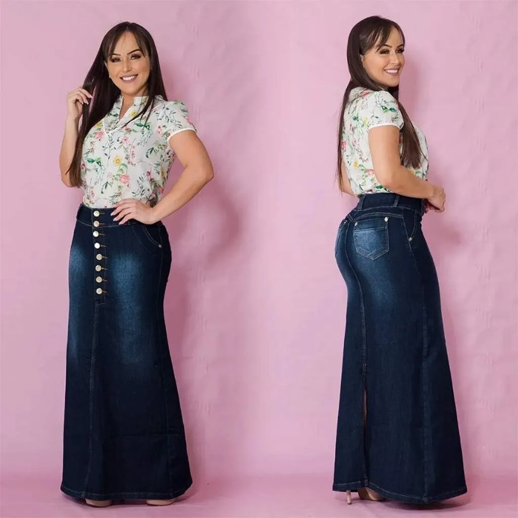 Womens Long Denim Skirt Retro A-Line Stretch Jean Skirt for Women High Waisted Casual Denim Maxi Skirt with Pockets