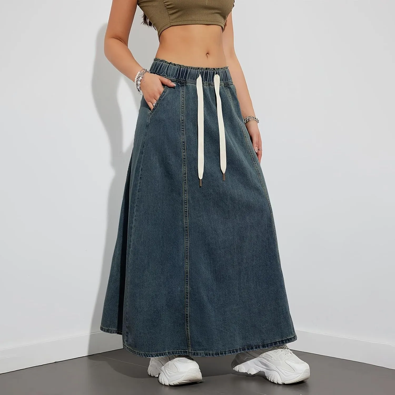 Women's Long Denim Skirts Casual Blue Paperbag Elastic High Waist A Line Jean Long Maxi Flare Skirt