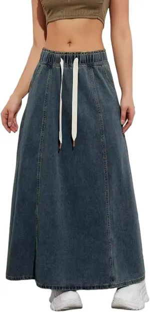 Women's Long Denim Skirts Casual Blue Paperbag Elastic High Waist A Line Jean Long Maxi Flare Skirt