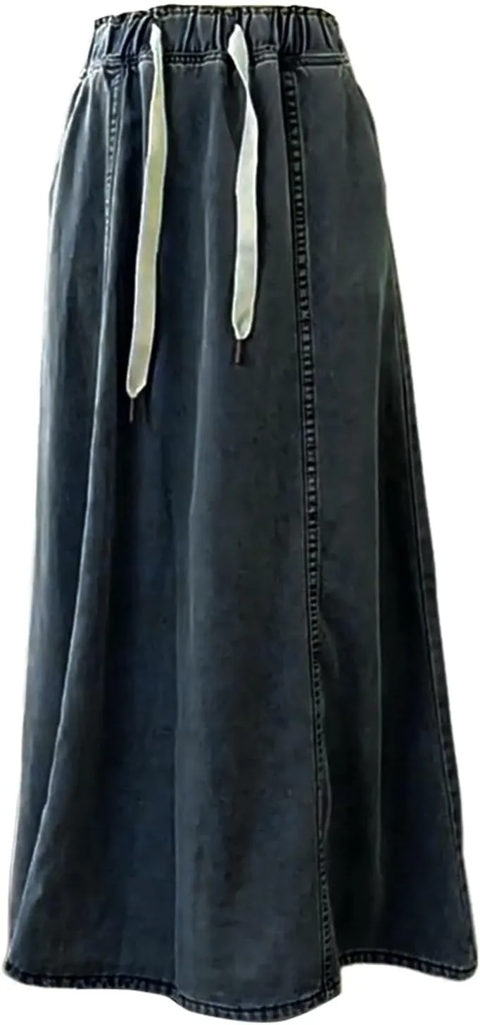 Women's Long Denim Skirts Casual Blue Paperbag Elastic High Waist A Line Jean Long Maxi Flare Skirt