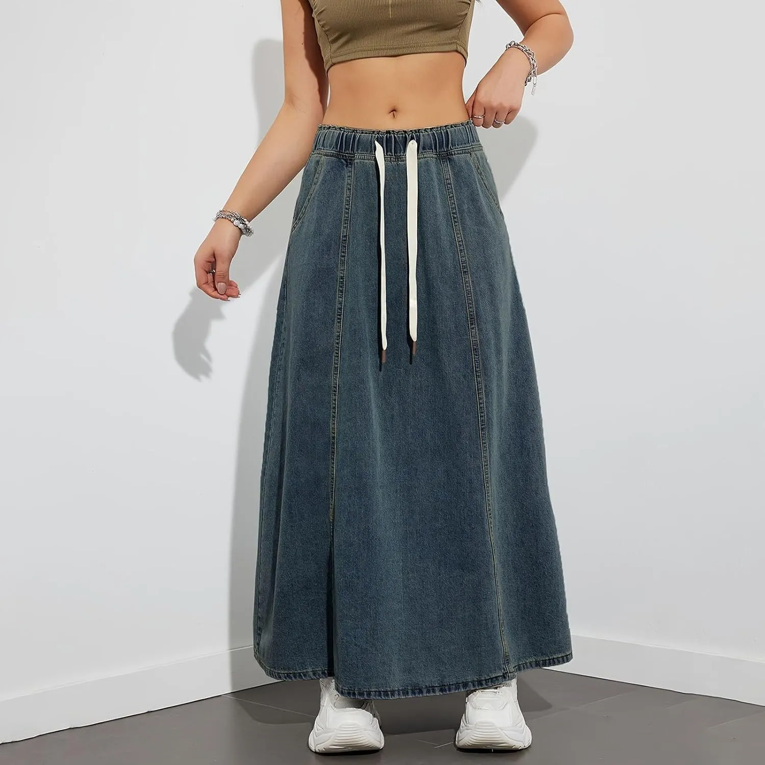 Women's Long Denim Skirts Casual Blue Paperbag Elastic High Waist A Line Jean Long Maxi Flare Skirt