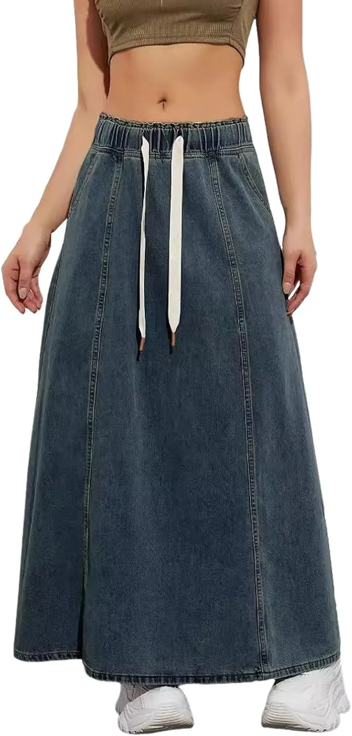 Women's Long Denim Skirts Casual Blue Paperbag Elastic High Waist A Line Jean Long Maxi Flare Skirt