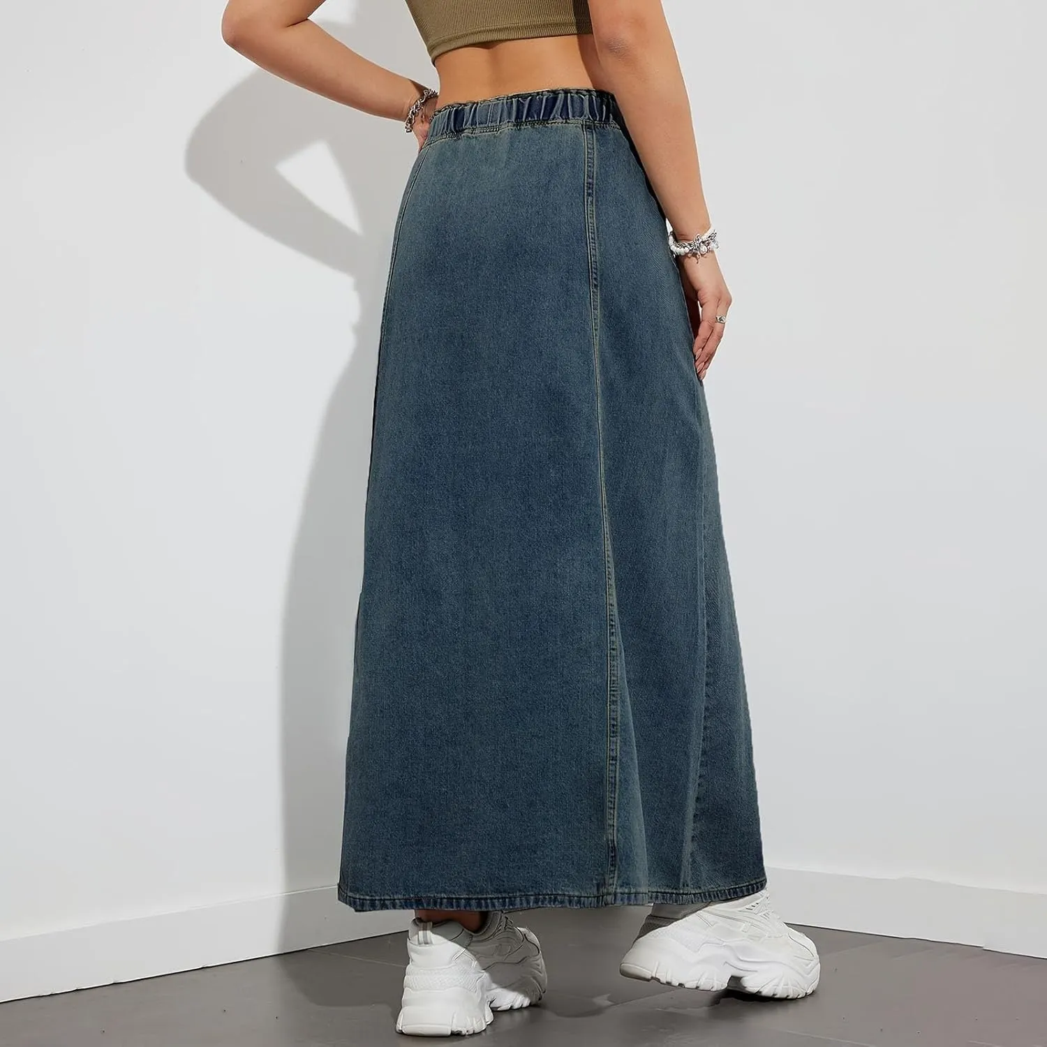Women's Long Denim Skirts Casual Blue Paperbag Elastic High Waist A Line Jean Long Maxi Flare Skirt