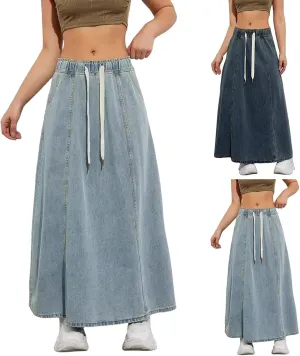 Women's Long Denim Skirts Casual Blue Paperbag Elastic High Waist A Line Jean Long Maxi Flare Skirt