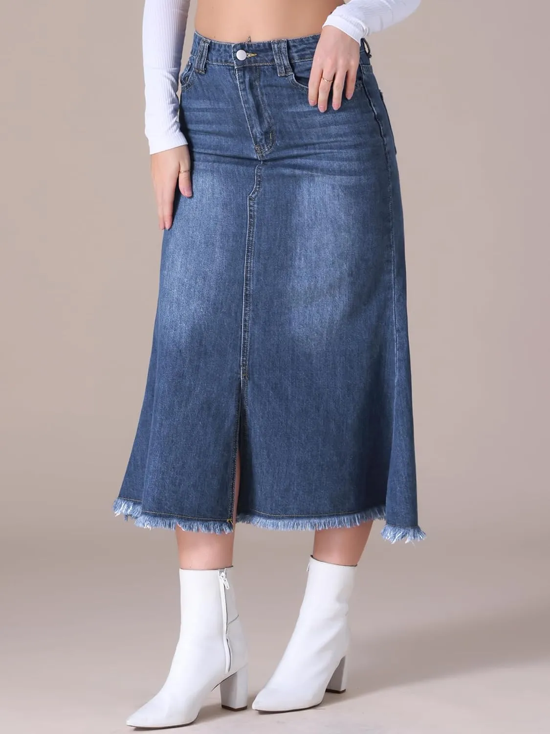 Women's Long Denim Skirts Summer High Waisted Split A-Line Fishtail Jean Skirt