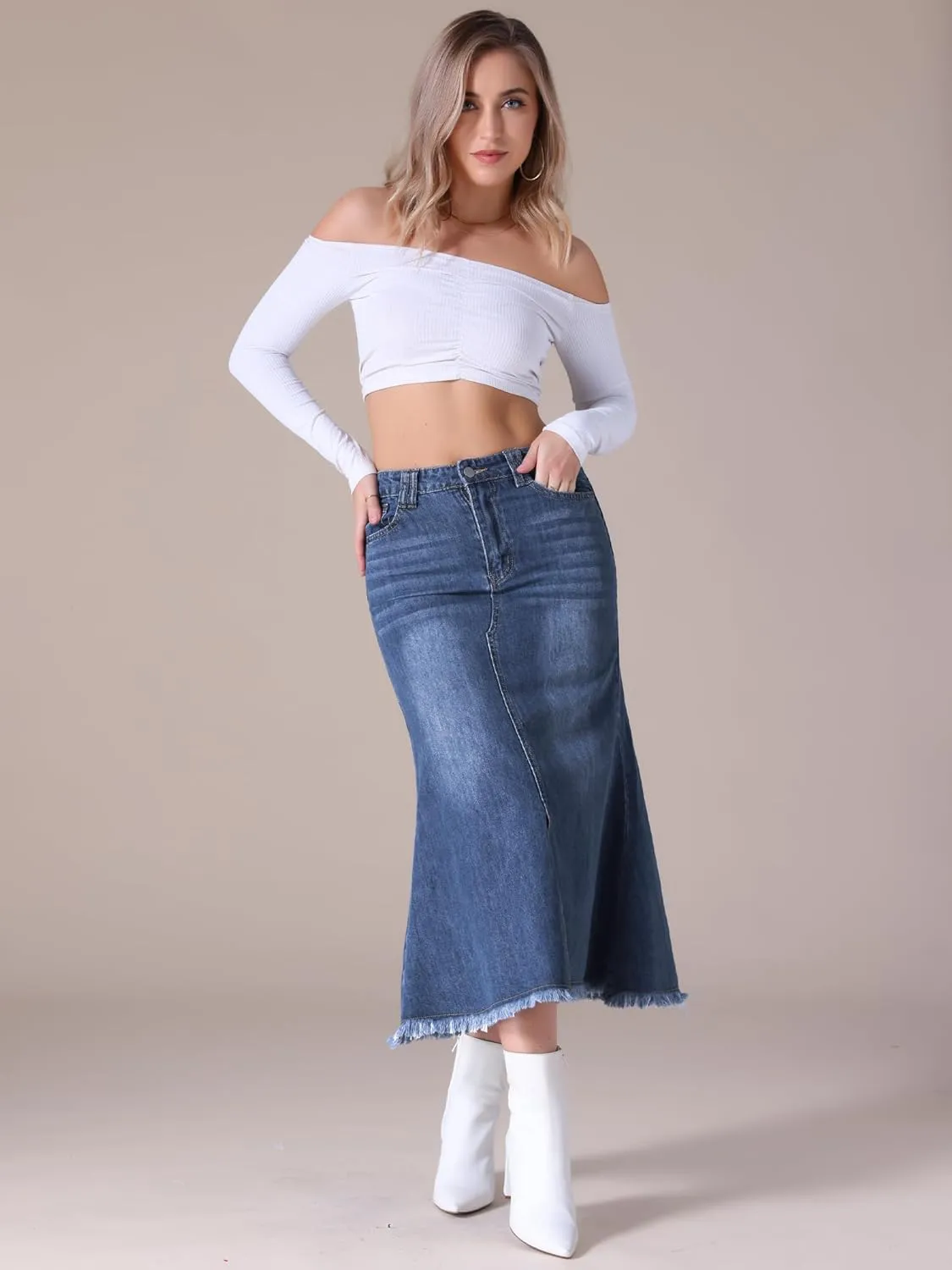 Women's Long Denim Skirts Summer High Waisted Split A-Line Fishtail Jean Skirt