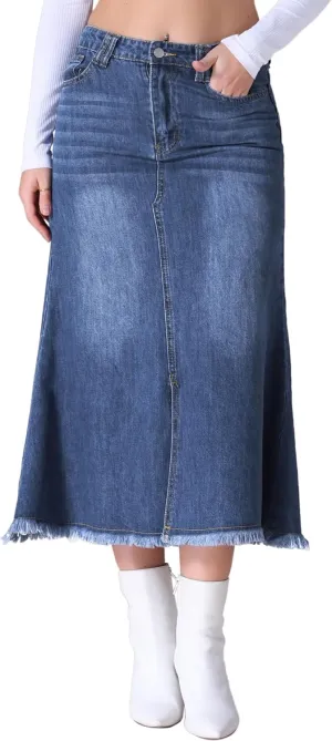 Women's Long Denim Skirts Summer High Waisted Split A-Line Fishtail Jean Skirt