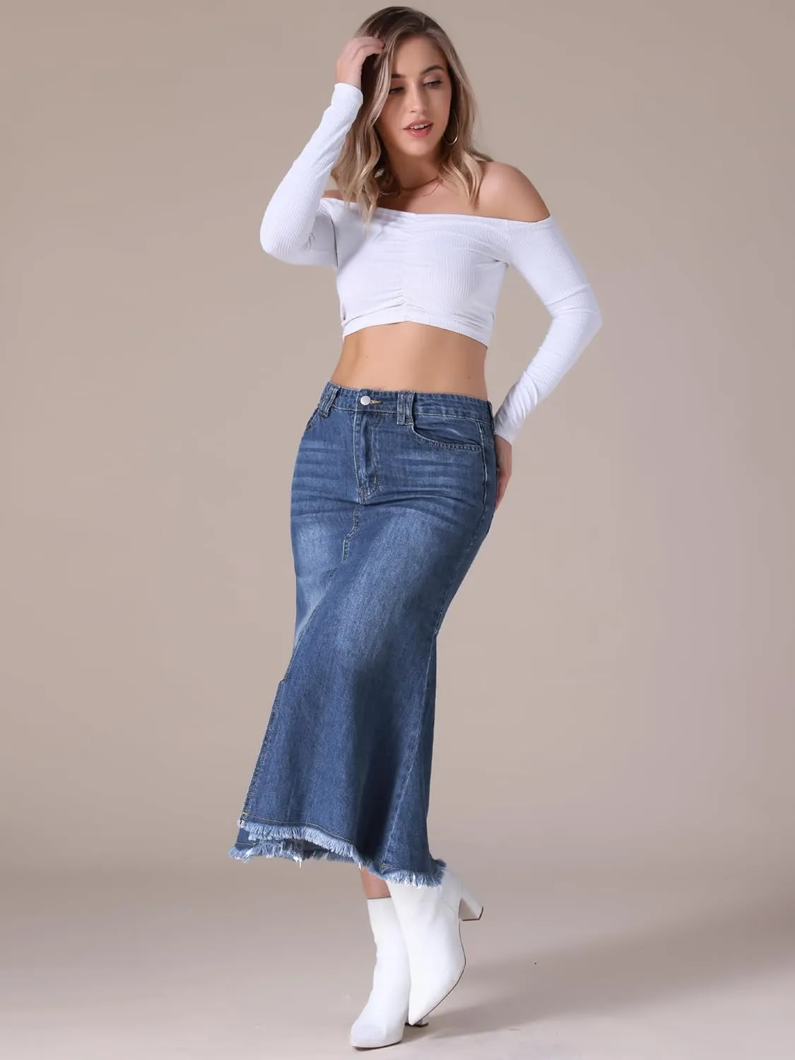 Women's Long Denim Skirts Summer High Waisted Split A-Line Fishtail Jean Skirt