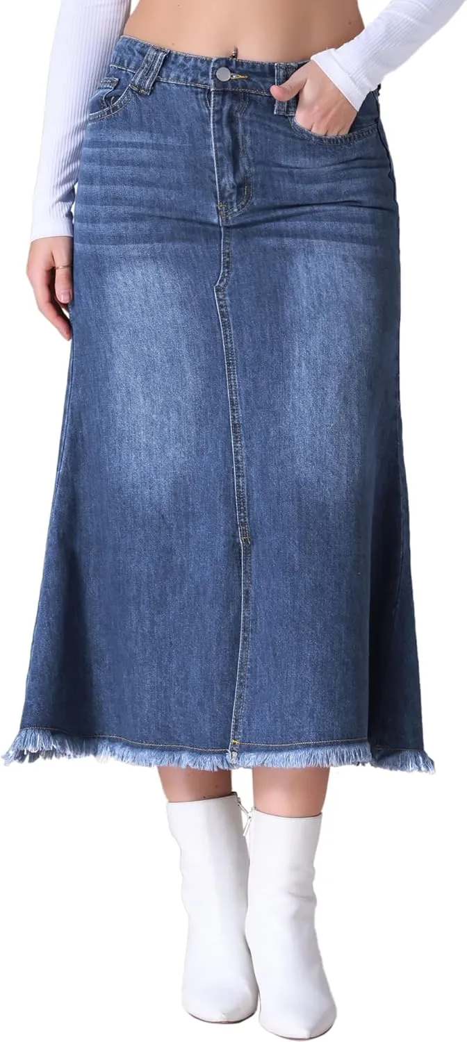Women's Long Denim Skirts Summer High Waisted Split A-Line Fishtail Jean Skirt