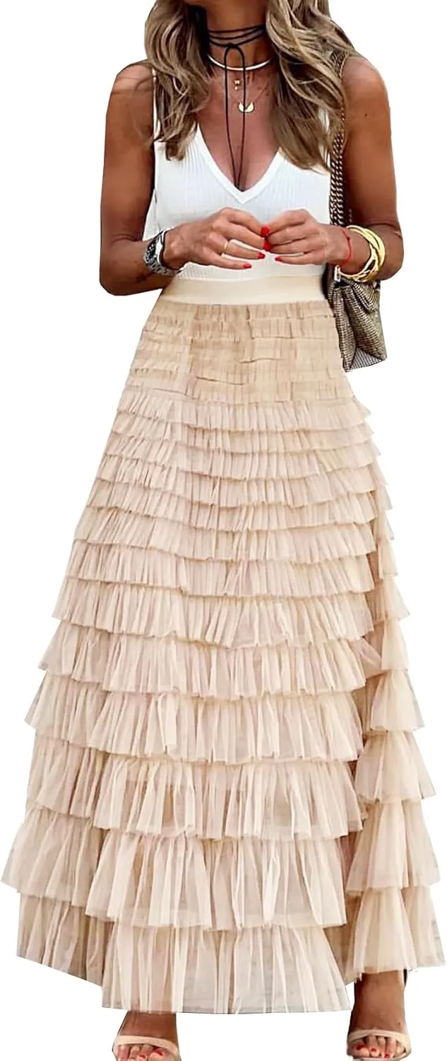 Womens Long Maxi Tulle Skirt A Line Ruffle Mesh High Waisted Tiered Layered Skirts Petticoat