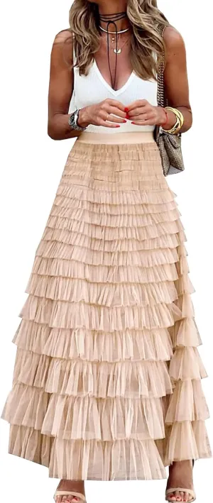 Womens Long Maxi Tulle Skirt A Line Ruffle Mesh High Waisted Tiered Layered Skirts Petticoat