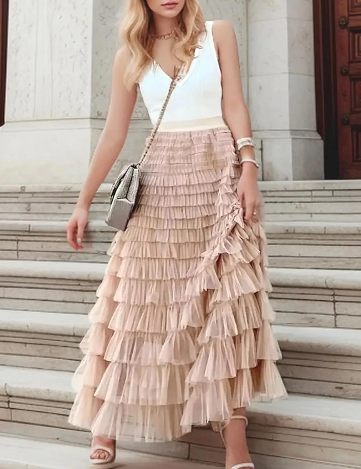 Womens Long Maxi Tulle Skirt A Line Ruffle Mesh High Waisted Tiered Layered Skirts Petticoat