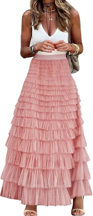 Womens Long Maxi Tulle Skirt A Line Ruffle Mesh High Waisted Tiered Layered Skirts Petticoat