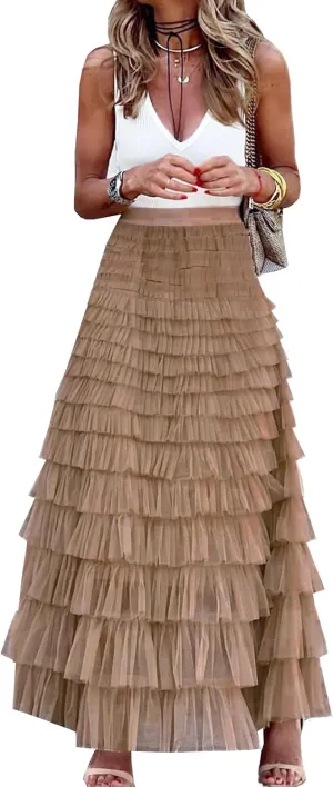 Womens Long Maxi Tulle Skirt A Line Ruffle Mesh High Waisted Tiered Layered Skirts Petticoat