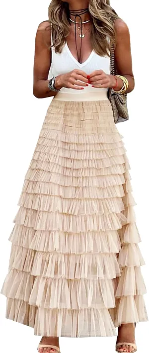 Womens Long Maxi Tulle Skirt A Line Ruffle Mesh High Waisted Tiered Layered Skirts Petticoat