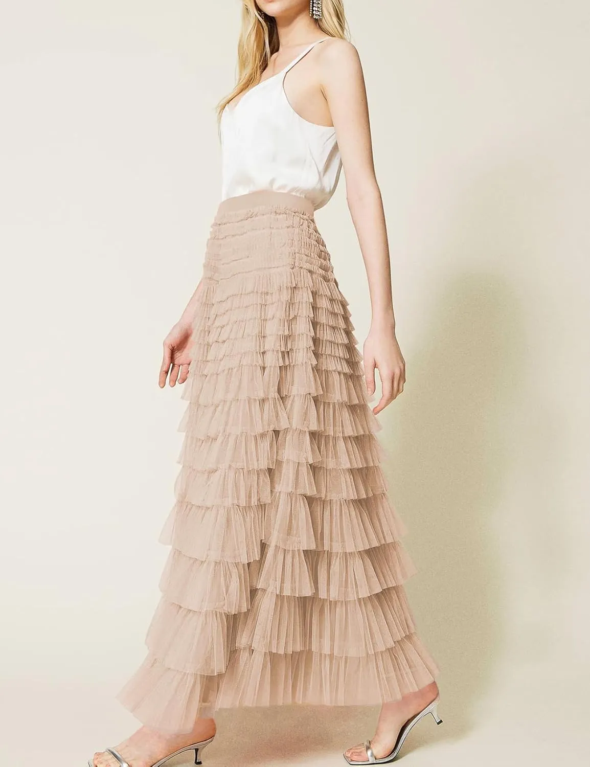 Womens Long Maxi Tulle Skirt A Line Ruffle Mesh High Waisted Tiered Layered Skirts Petticoat