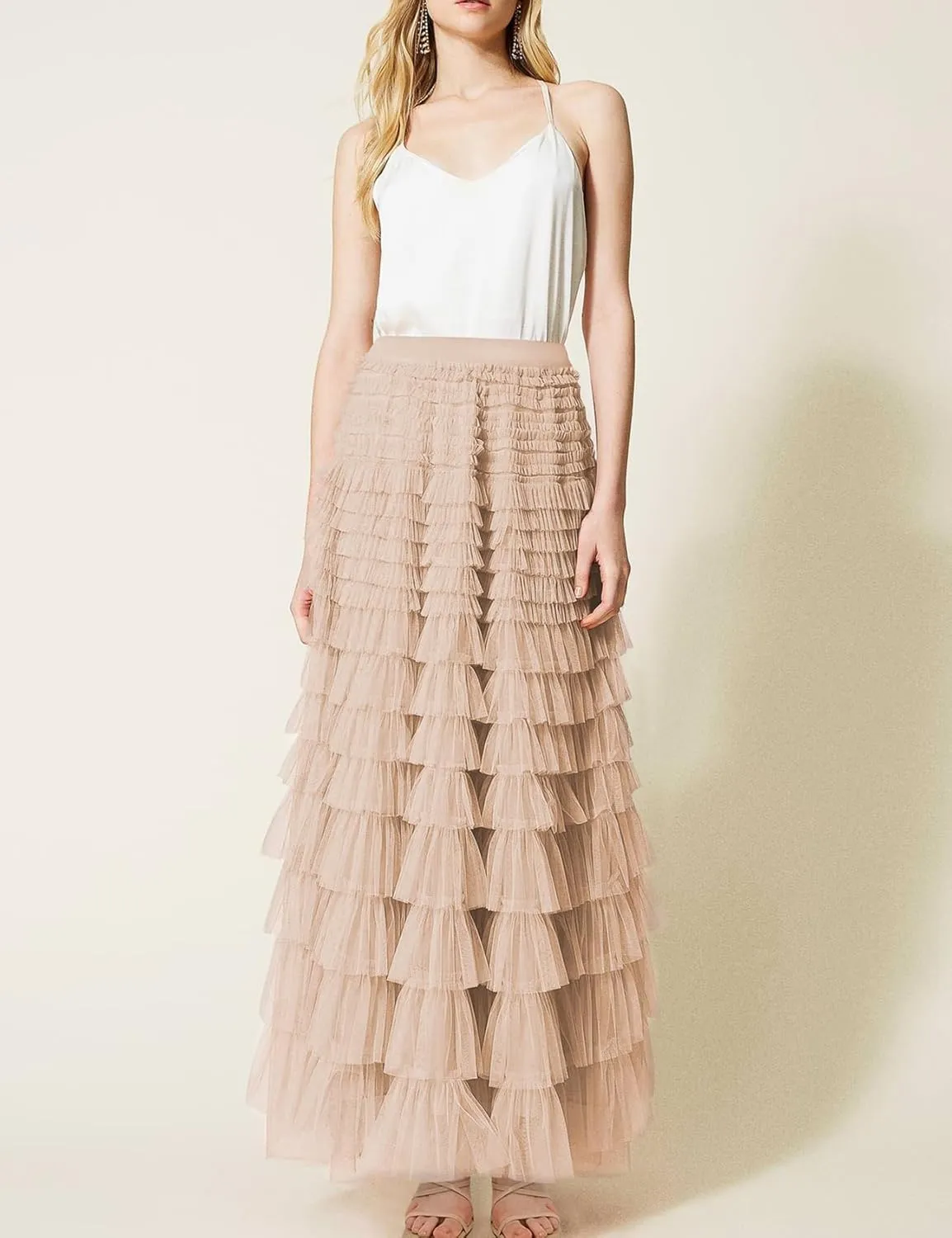 Womens Long Maxi Tulle Skirt A Line Ruffle Mesh High Waisted Tiered Layered Skirts Petticoat