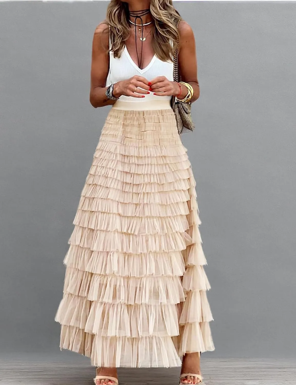 Womens Long Maxi Tulle Skirt A Line Ruffle Mesh High Waisted Tiered Layered Skirts Petticoat