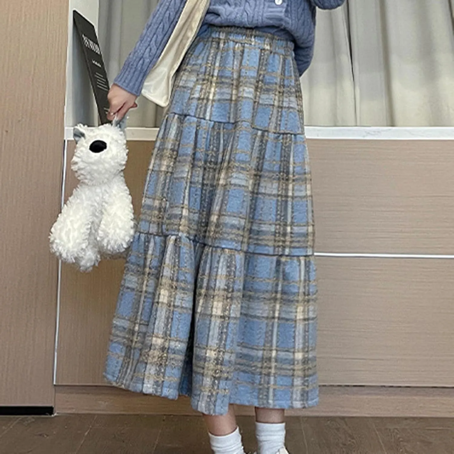 Women's Long Plaid Wool Skirt Fall Winter Midi Length Pleated Tiered Skirts Elastic High Waist A-line Tartan Skirts