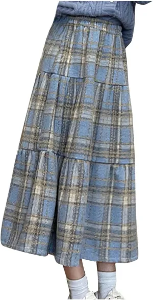 Women's Long Plaid Wool Skirt Fall Winter Midi Length Pleated Tiered Skirts Elastic High Waist A-line Tartan Skirts