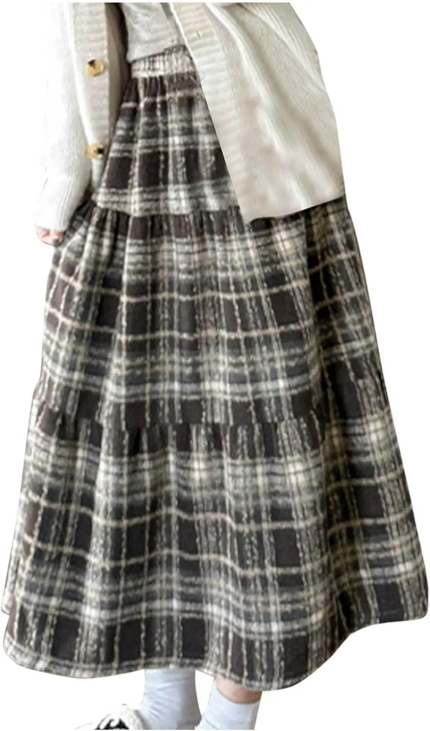 Women's Long Plaid Wool Skirt Fall Winter Midi Length Pleated Tiered Skirts Elastic High Waist A-line Tartan Skirts