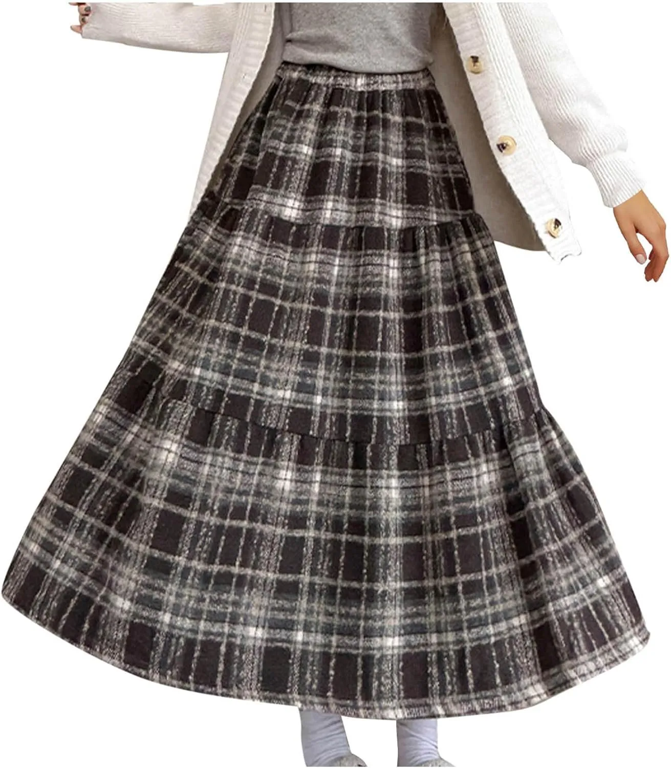 Women's Long Plaid Wool Skirt Fall Winter Midi Length Pleated Tiered Skirts Elastic High Waist A-line Tartan Skirts