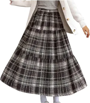 Women's Long Plaid Wool Skirt Fall Winter Midi Length Pleated Tiered Skirts Elastic High Waist A-line Tartan Skirts