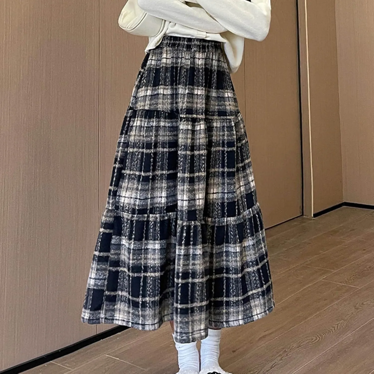 Women's Long Plaid Wool Skirt Fall Winter Midi Length Pleated Tiered Skirts Elastic High Waist A-line Tartan Skirts