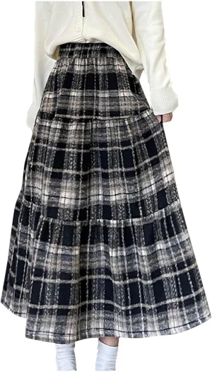 Women's Long Plaid Wool Skirt Fall Winter Midi Length Pleated Tiered Skirts Elastic High Waist A-line Tartan Skirts