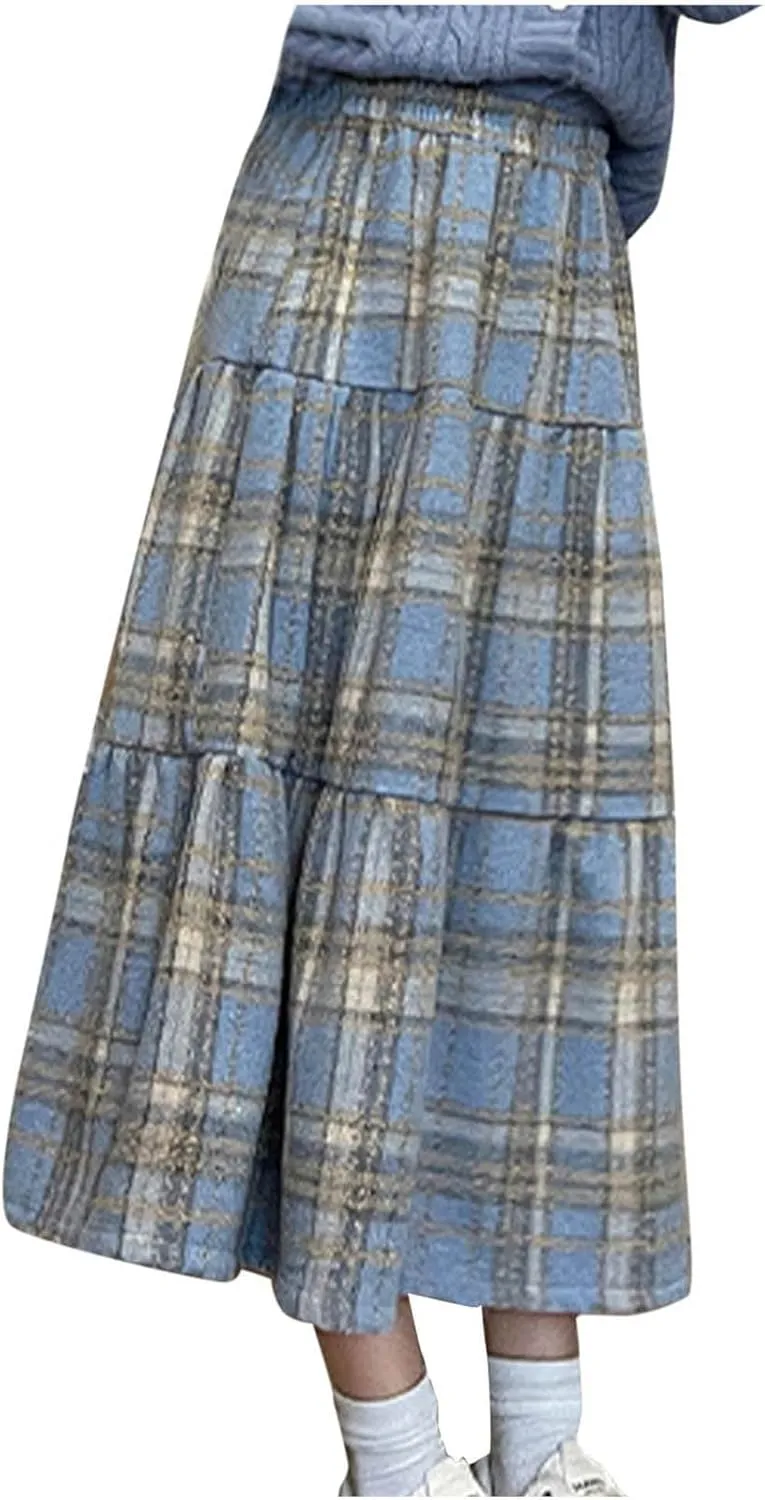 Women's Long Plaid Wool Skirt Fall Winter Midi Length Pleated Tiered Skirts Elastic High Waist A-line Tartan Skirts