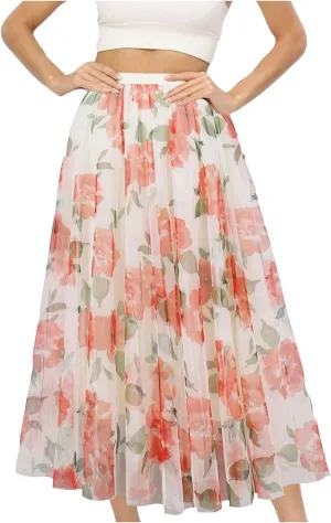 Women's Long Tulle Casual Skirts Boho Floral Printed Mesh Long Skirt Elastic High Waist A-Line Maxi Skirts for Women