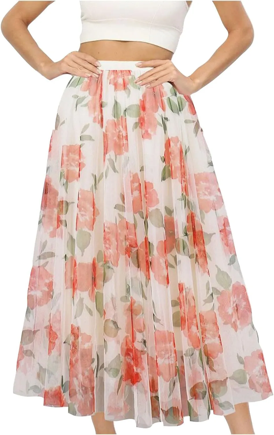 Women's Long Tulle Casual Skirts Boho Floral Printed Mesh Long Skirt Elastic High Waist A-Line Maxi Skirts for Women