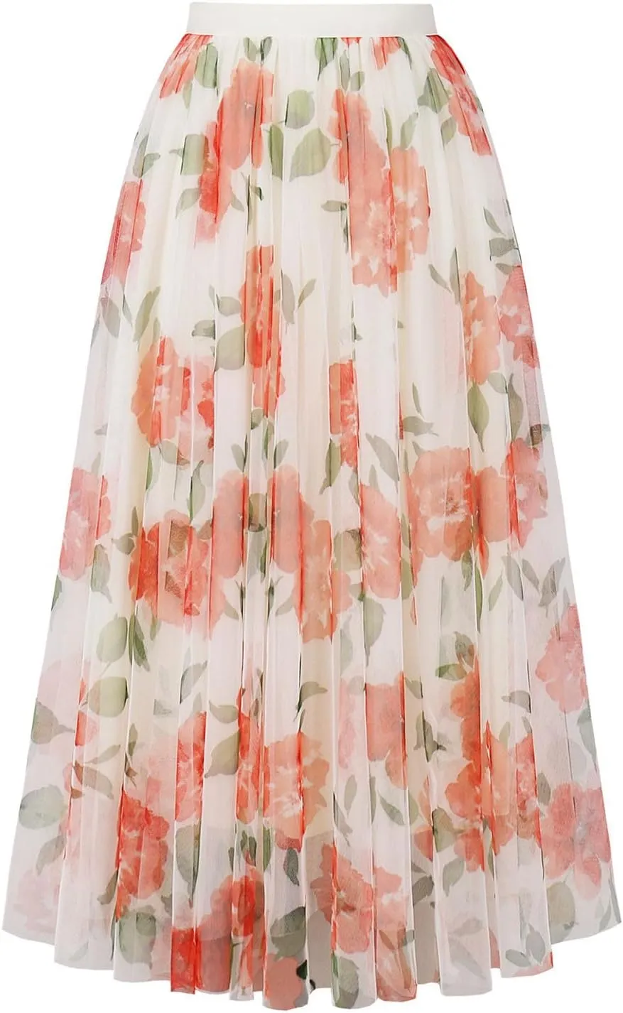 Women's Long Tulle Casual Skirts Boho Floral Printed Mesh Long Skirt Elastic High Waist A-Line Maxi Skirts for Women