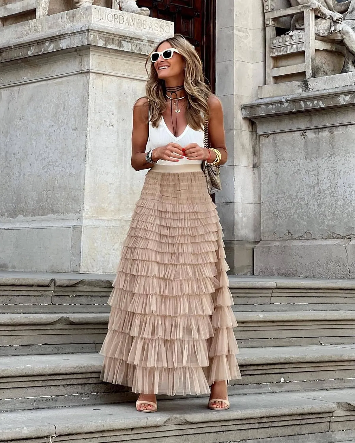 Womens Long Tulle Skirt A Line Ruffle Tiered Layered Skirts High Waisted Flowy Fairy Maxi Skirts