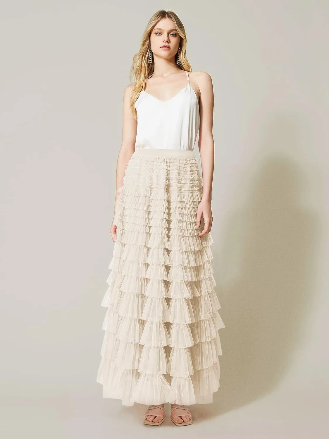 Womens Long Tulle Skirt A Line Ruffle Tiered Layered Skirts High Waisted Flowy Fairy Maxi Skirts