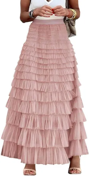 Womens Long Tulle Skirt A Line Ruffle Tiered Layered Skirts High Waisted Flowy Fairy Maxi Skirts