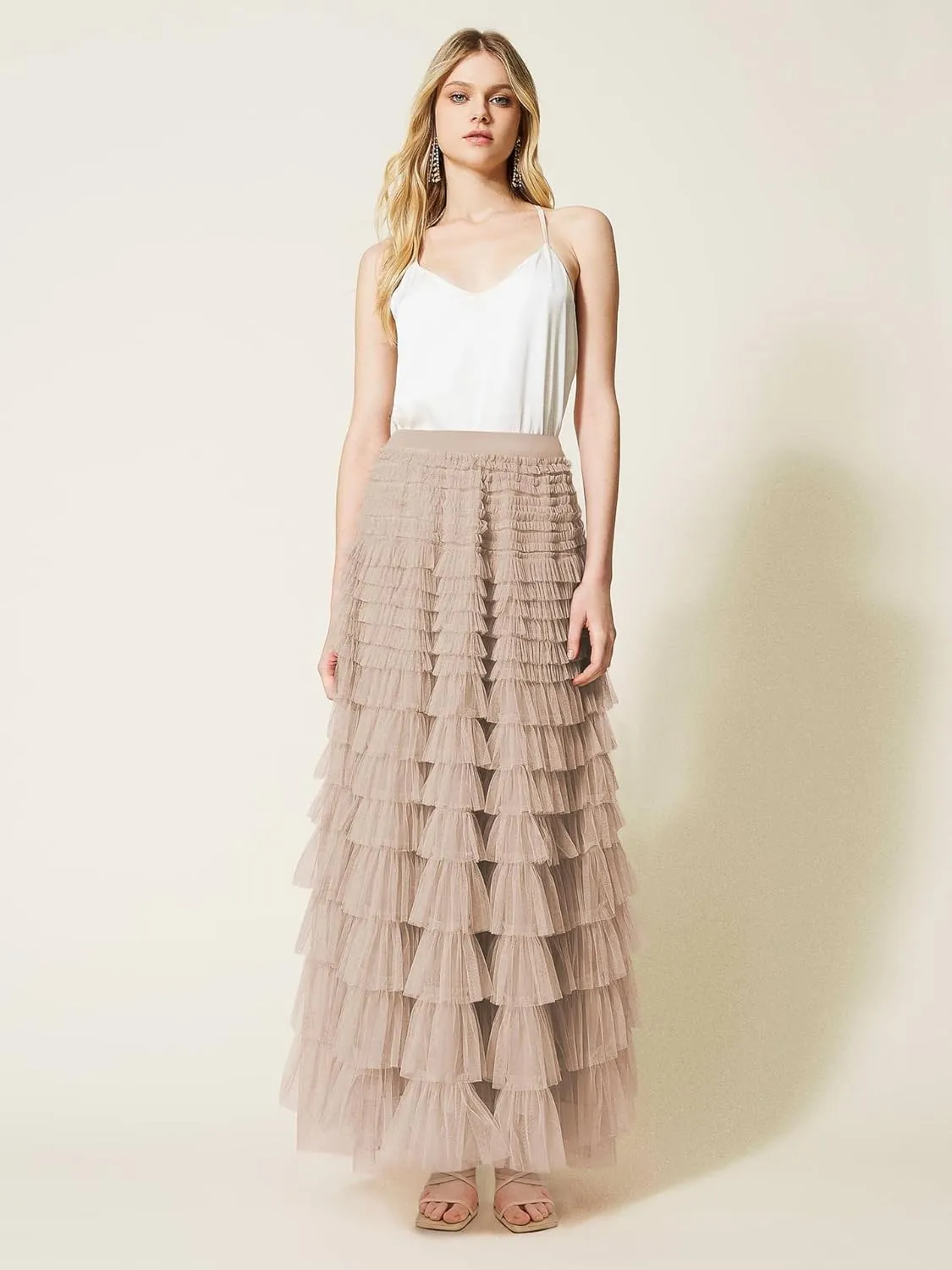 Womens Long Tulle Skirt A Line Ruffle Tiered Layered Skirts High Waisted Flowy Fairy Maxi Skirts