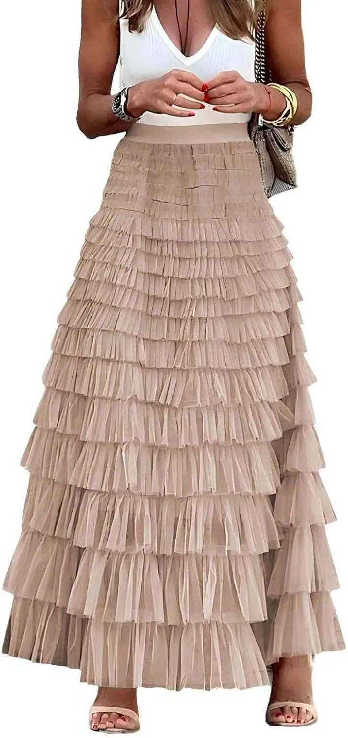 Womens Long Tulle Skirt A Line Ruffle Tiered Layered Skirts High Waisted Flowy Fairy Maxi Skirts