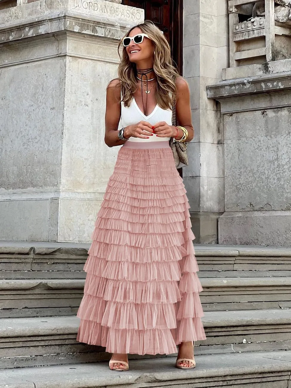 Womens Long Tulle Skirt A Line Ruffle Tiered Layered Skirts High Waisted Flowy Fairy Maxi Skirts