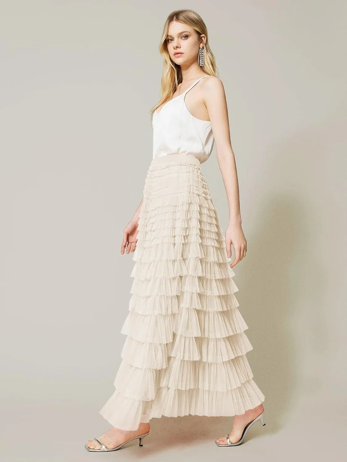 Womens Long Tulle Skirt A Line Ruffle Tiered Layered Skirts High Waisted Flowy Fairy Maxi Skirts