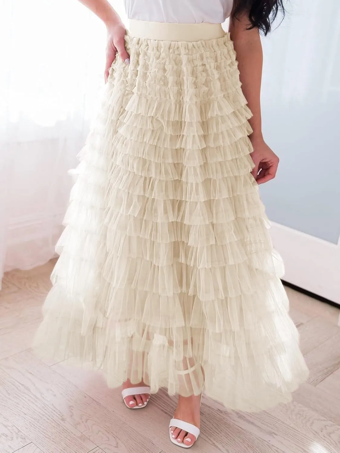 Womens Long Tulle Skirt A Line Ruffle Tiered Layered Skirts High Waisted Flowy Fairy Maxi Skirts
