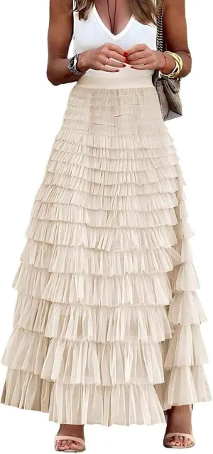 Womens Long Tulle Skirt A Line Ruffle Tiered Layered Skirts High Waisted Flowy Fairy Maxi Skirts