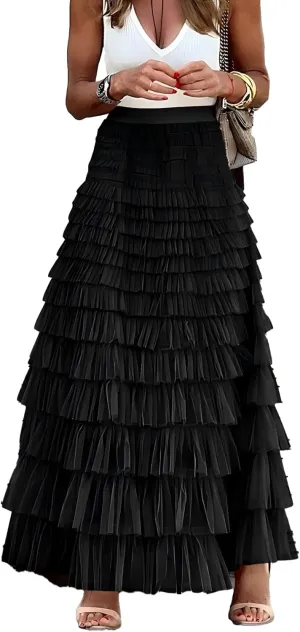 Womens Long Tulle Skirt A Line Ruffle Tiered Layered Skirts High Waisted Flowy Fairy Maxi Skirts